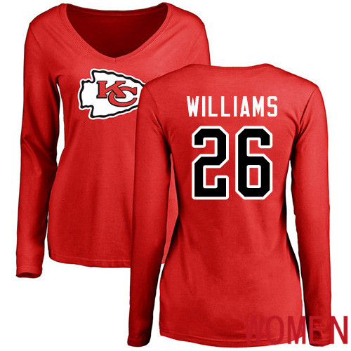Women Football Kansas City Chiefs #26 Williams Damien Red Name and Number Logo Slim Fit Long Sleeve T-Shirt->kansas city chiefs->NFL Jersey